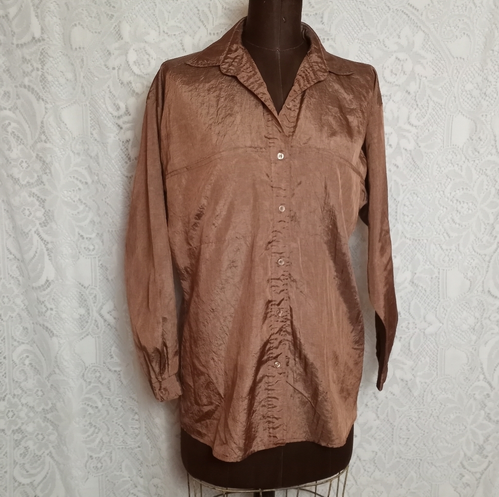 Vintage 90s DVF Diane Von Furstenberg Metallic Bronze Long Sleeve Button Shirt